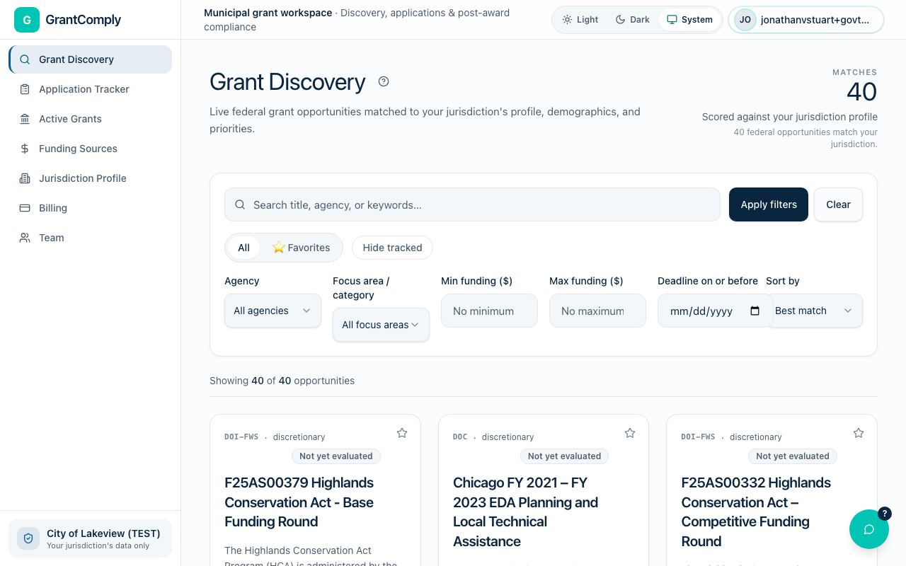The GrantComply workspace — discovery, applications, and compliance in one place